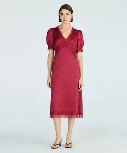 vestido midi feminino acetinado com renda - vinho M