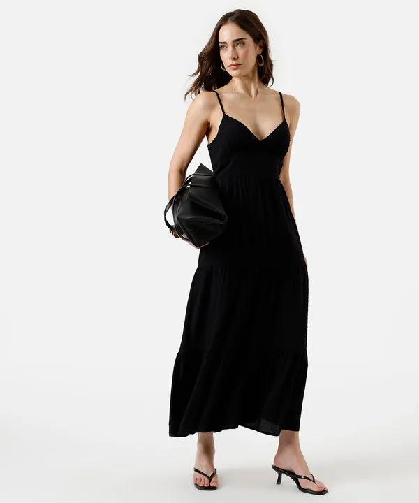 vestido midi feminino de viscose com recortes texturizado preto P