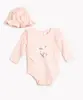 body infantil manga longa listrada flores com chapéu rosa claro 6-9