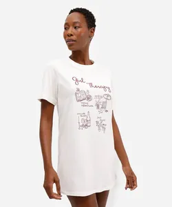 camisola feminina de algodão manga curta estampada off white M