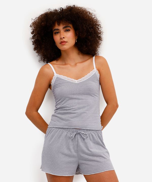 pijama short doll feminino com renda listrado azul PP