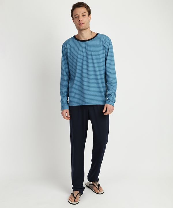 Pijama Masculino Camiseta Estampada Listrada Manga Longa Gola Careca Azul GG