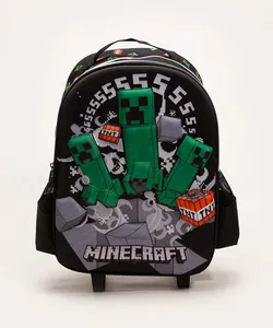 mochila escolar infantil com rodinhas minecraft 3d preto Único