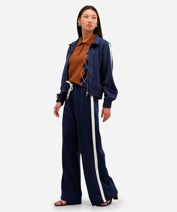 calça wide leg feminina cós com elástico bicolor azul M