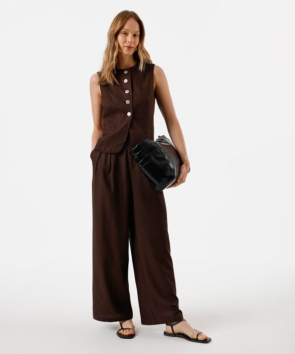 calça pantalona feminina com linho e pregas cós elástico marrom 44