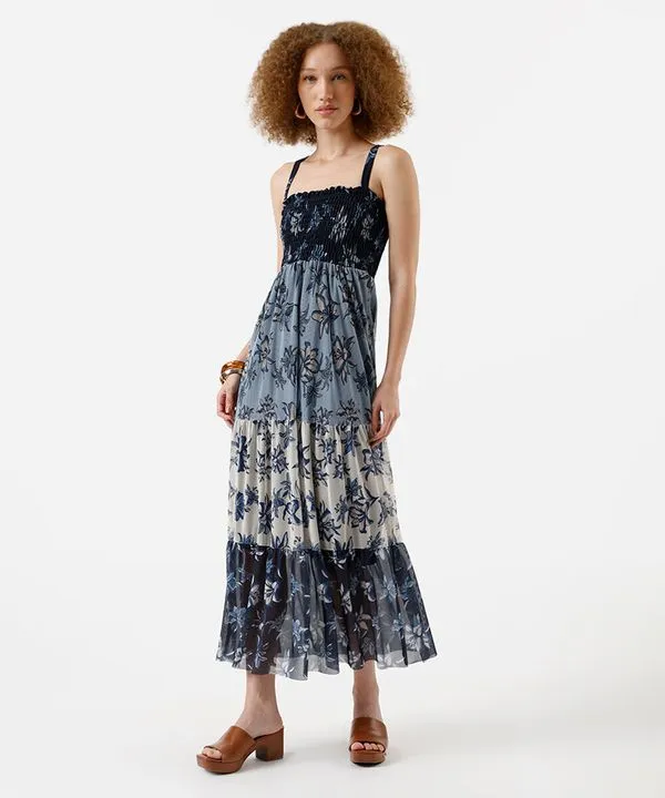 vestido midi feminino de tule com alças finas floral - azul claro GG