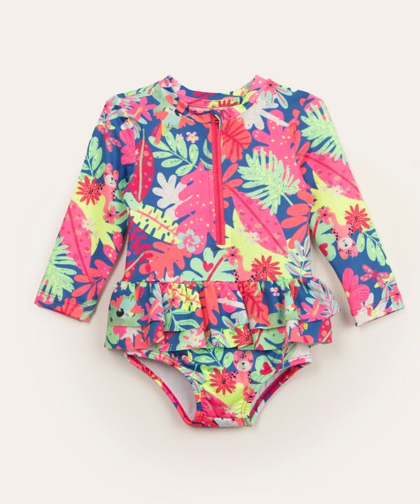 maiô infantil floral manga longa com babado e proteção uv50 multicor 6-9