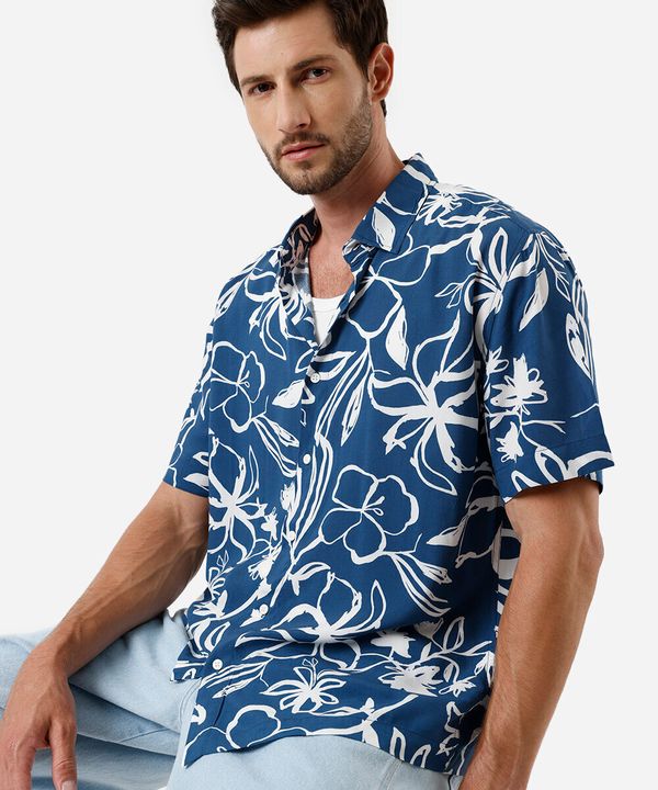 camisa masculina de viscose floral azul G