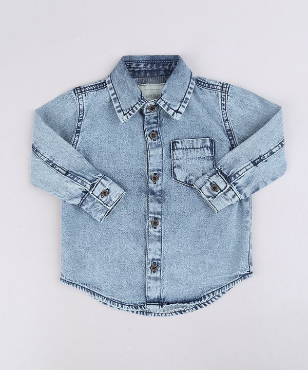 Camisa Jeans Infantil com Bolsos Manga Curta Azul Médio 4