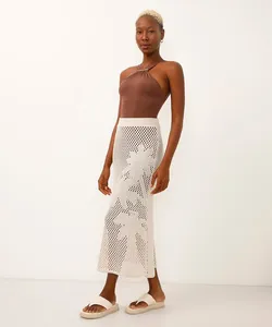 saia midi saída de praia de tricot coqueiro bege PP