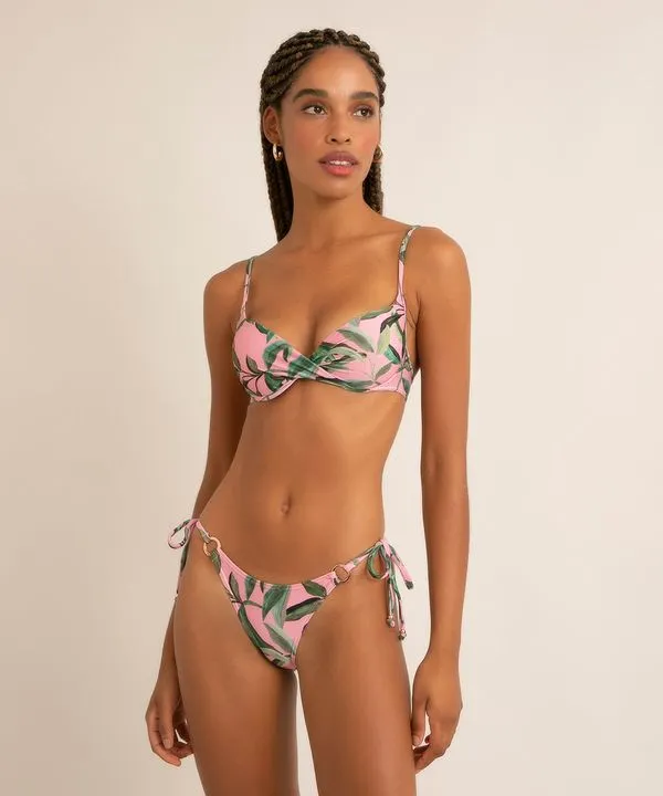 biquíni tanga com amarração e argolas estampa folhagens com proteção UV50+ rosa G