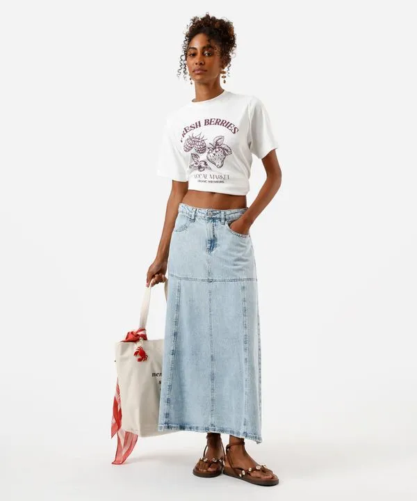 saia midi evasê feminina jeans com recorte cintura alta azul 44