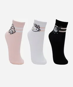 kit de 3 meias cano médio femininas hello kitty e amigos colorida 34-39