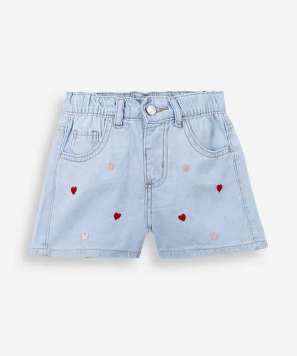 short jeans em algodão com bordados de corações azul 2
