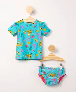 conjunto infantil de praia blusa estampada tigre manga curta + calcinha com babados proteção uv50+ azul 5