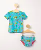 conjunto infantil de praia blusa estampada tigre manga curta + calcinha com babados proteção uv50+ azul 9-12