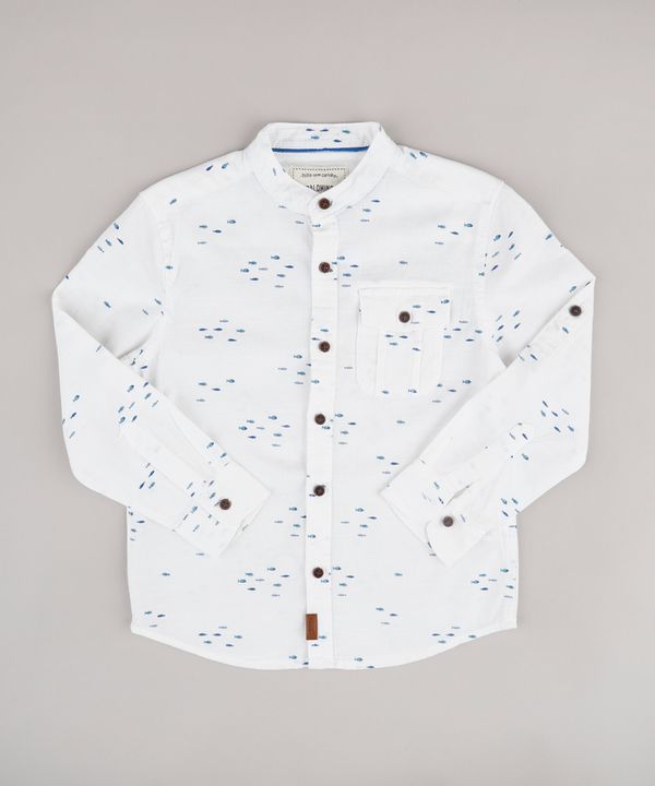 Camisa Infantil Estampada de Peixe com Bolso Manga Longa Gola Padre Off White 10
