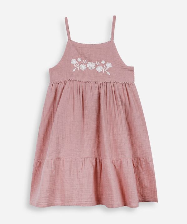 vestido infantil evasê com bordados e alças finas rosa 4