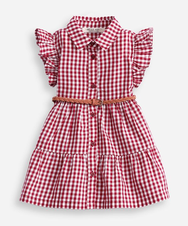 vestido infantil com recortes xadrez e cinto vermelho 3