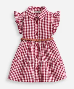 vestido infantil com recortes xadrez e cinto vermelho 1