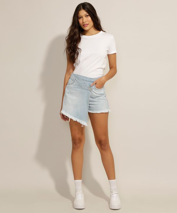 Short Saia Jeans Assimétrico Barra Desfiada Cintura Média Azul Claro 46