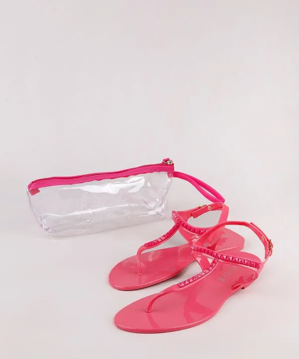 Kit de Rasteirinha Feminina Oneself com Tachas + Nécessaire Rosa 35