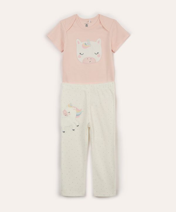 conjunto longo infantil de algodão unicórnio rosa 9-12