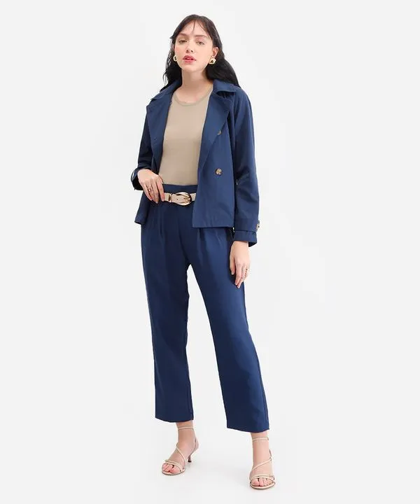 calça de alfaiataria feminina cós elástico azul 42