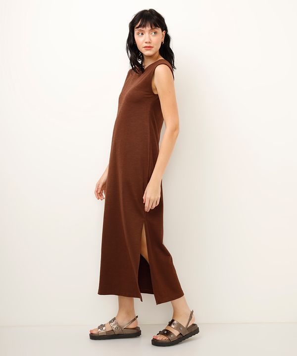 vestido longo de algodão com fendas marrom P