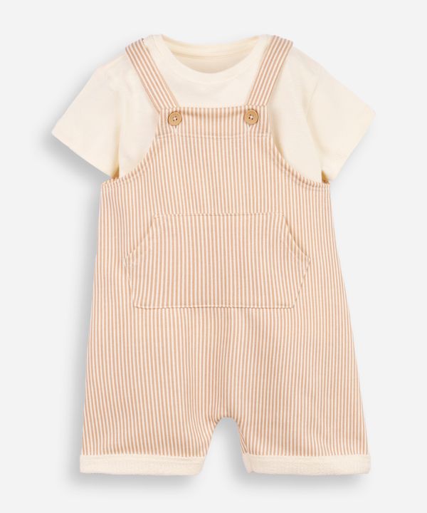 kit jardineira infantil listrado com blusa bege 2