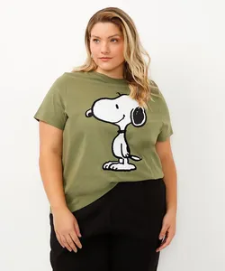 camiseta snoopy de algodão plus size verde militar GG1