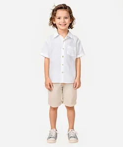 camisa de algodão infantil manga curta com bolso branca 4
