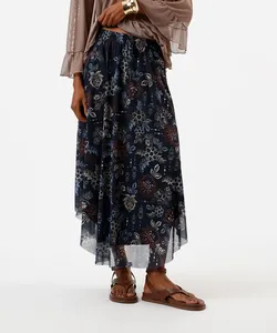 saia midi feminina de tule cós elástico floral azul GG