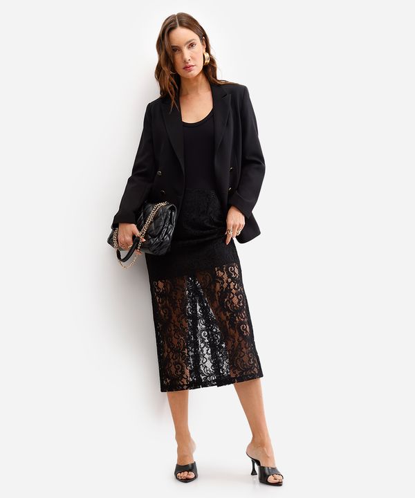 saia midi feminina de renda floral com fenda preto 44