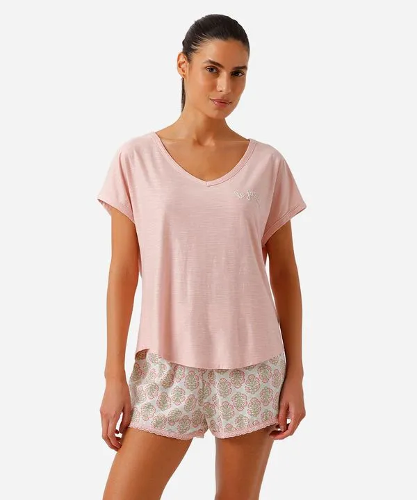 pijama short doll feminino com viscose arabescos rosa GG