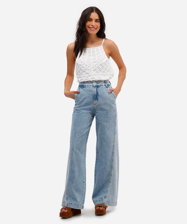 calça wide leg feminina jeans com recorte bicolor azul 44