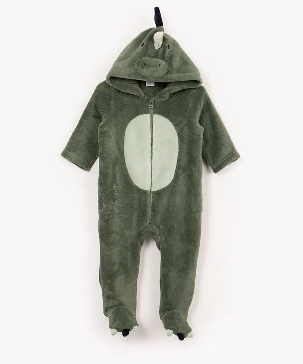 macacão longo infantil de pelúcia fantasia dinossauro verde 3-6