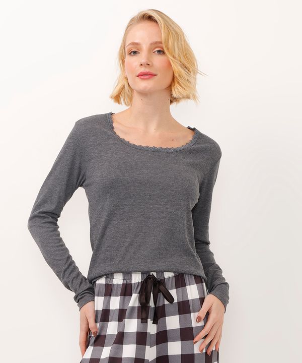 blusa de pijama manga longa com renda cinza GG