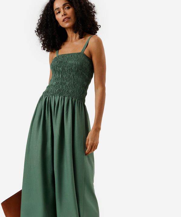 vestido midi alça fina feminino com linho franzido verde G
