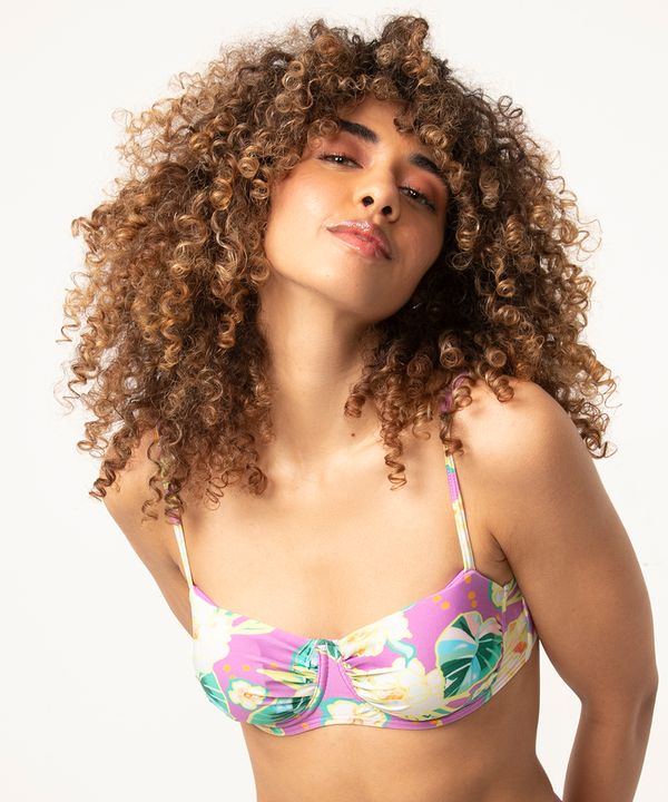 biquíni top meia taça franzido floral com proteção uv50+ lilás GG