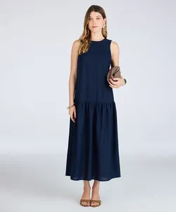 vestido marias feminino com linho decote canoa azul M