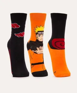 kit de 3 meias infantil cano alto naruto colorido 26-29