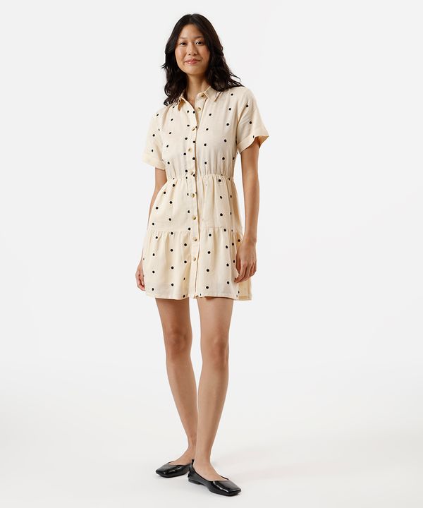 vestido curto chemise feminino com linho e recortes poá bege PP
