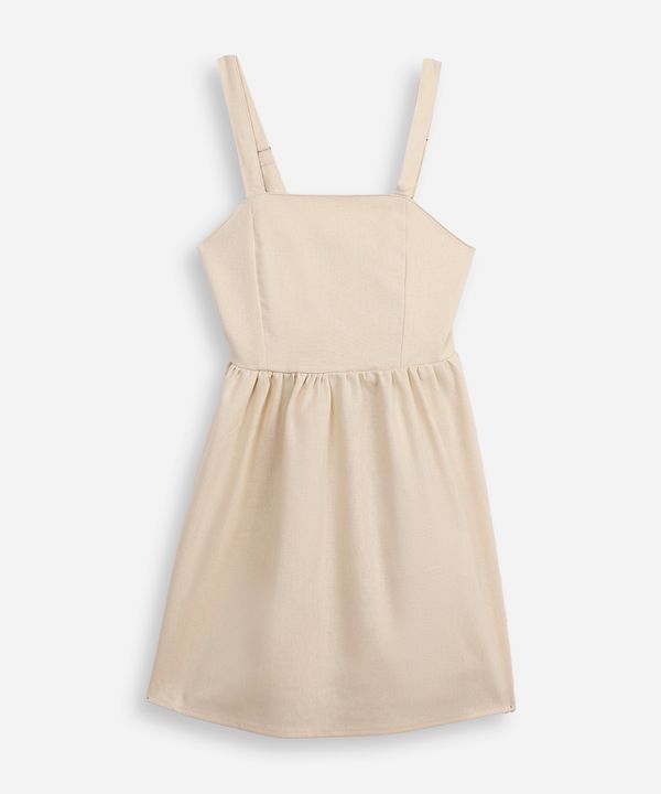 vestido midi infantil decote quadrado com linho bege 12
