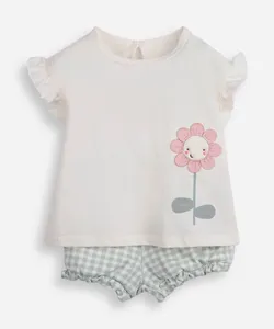 conjunto curto infantil de algodão floral off white 3-6