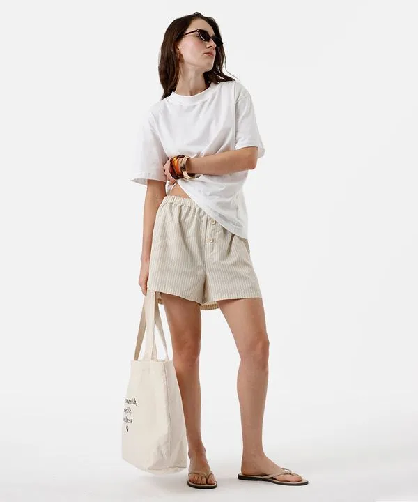short estilo pijama feminino de algodão listrado amarelo M