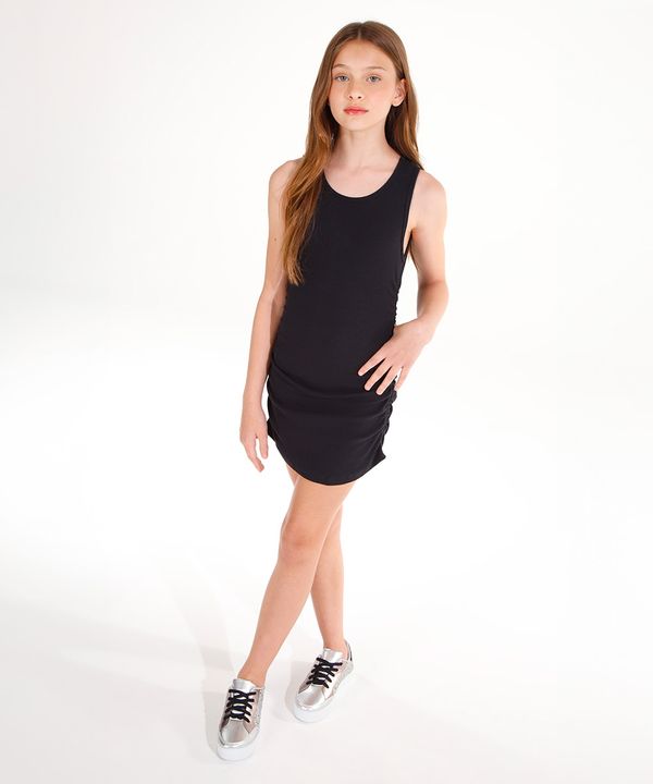 vestido de algodão juvenil com franzido preto 16