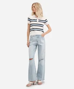 calça wide leg slim feminina jeans destroyed azul 34