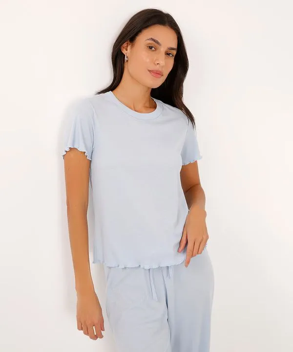 blusa de pijama manga curta canelada - azul P