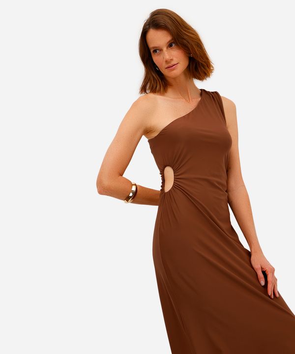 vestido midi feminino ombro único com recorte e franzidos marrom M